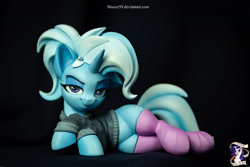 Size: 5568x3712 | Tagged: safe, artist:ncmares, artist:shuxer59, artist:v747, derpibooru import, trixie, pony, collaboration, alternate hairstyle, clothes, craft, female, figurine, looking at you, sculpture, shirt, solo, stockings, thigh highs