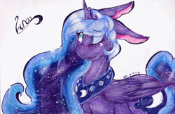 Size: 3508x2279 | Tagged: safe, artist:mscolorsplash, princess luna, alicorn, pony, floppy ears, simple background, solo, traditional art, wink