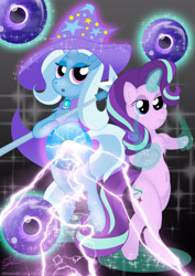 Size: 2894x4093 | Tagged: safe, artist:stormythetrooper, derpibooru import, starlight glimmer, trixie, pony, unicorn, bipedal, duo, female, glowing horn, horn, magic, mare