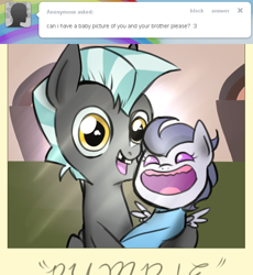 Size: 644x700 | Tagged: safe, rumble, thunderlane, pegasus, pony, ask-little-rumble, baby picture, brothers, colt, cute, foal, rumblebetes, thunderbetes, toothless, tumblr, weapons-grade cute, young, younger