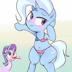 Size: 1200x1200 | Tagged: safe, artist:k-nattoh, derpibooru import, starlight glimmer, trixie, pony, unicorn, 4th of july, belly button, bikini, blood, clothes, female, flag bikini, holiday, mare, nosebleed, swimsuit