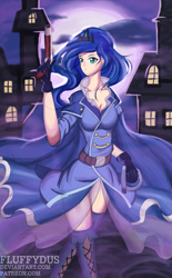 Size: 1891x3048 | Tagged: safe, artist:fluffydus, princess luna, human, boots, clothes, gloves, gun, humanized, moon, night, solo, sword, weapon