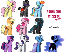 Size: 1966x1607 | Tagged: safe, artist:spoopygander, derpibooru import, applejack, fluttershy, king sombra, nightmare moon, pinkie pie, queen chrysalis, rainbow dash, rarity, trixie, twilight sparkle, twilight sparkle (alicorn), alicorn, changeling, changeling queen, earth pony, pegasus, pony, umbrum, unicorn, advertisement, armor, blushing, cape, chest fluff, chibi, clothes, cute, cutealis, dashabetes, diapinkes, diatrixes, female, hat, horn, jackabetes, male, mane six, moonabetes, raribetes, shyabetes, simple background, sombradorable, stallion, sticker, text, twiabetes, white background, wings