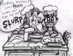 Size: 2190x1677 | Tagged: safe, artist:etjonas, pinkie pie, rainbow dash, earth pony, pegasus, pony, cooking, female, lesbian, licking, monochrome, pinkiedash, shipping, traditional art