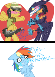 Size: 500x700 | Tagged: safe, artist:woop-de-de-doo, ahuizotl, daring do, rainbow dash, pegasus, pony, blushing, crying, darizotl, eyes closed, female, floppy ears, hilarious in hindsight, male, shipping, smiling, straight, wide eyes