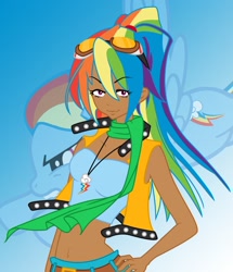 Size: 1872x2173 | Tagged: safe, artist:alexkingofthedamned, rainbow dash, clothes, female, goggles, humanized, multicolored hair