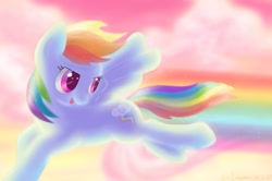 Size: 919x612 | Tagged: safe, artist:fuzzy-blue, rainbow dash, pegasus, pony, female, flying, looking back, mare, rainbow trail, solo