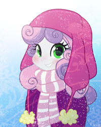 Size: 949x1195 | Tagged: safe, artist:orbis93, sweetie belle, equestria girls, blushing, chubby cheeks, clothes, coat, cute, diasweetes, hat, looking at you, scarf, snow, snowfall, solo, weapons-grade cute, winter