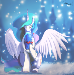 Size: 4410x4485 | Tagged: safe, artist:sakuracheetah, princess celestia, princess luna, alicorn, pony, absurd resolution, blushing, clothes, cute, female, filly, keyhole turtleneck, lunabetes, open-chest sweater, royal sisters, scarf, sisterly love, sisters, snow, snowfall, spread wings, sweater, turtleneck, weapons-grade cute, winter, woona