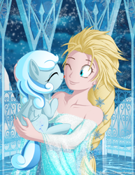Size: 1700x2200 | Tagged: safe, artist:berrypawnch, oc, oc:snowdrop, human, pony, berrypawnch is trying to murder us, berrypawnch murdered us, castle, crossover, cute, daaaaaaaaaaaw, disney, elsa, eyes closed, frozen (movie), hand on butt, happy, holding a pony, ice, licking, nail polish, ocbetes, smiling, snow, snowbetes, tongue out, weapons-grade cute, wink, winter