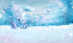 Size: 1280x761 | Tagged: safe, artist:aquagalaxy, shining armor, twilight sparkle, pony, unicorn, male, snow, snowfall, stallion