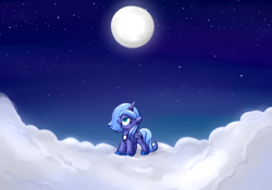 Size: 1000x700 | Tagged: safe, artist:xwreathofroses, princess luna, alicorn, pony, cloud, filly, happy, looking up, moon, night, solo, woona