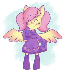 Size: 1352x1521 | Tagged: safe, artist:typhwosion, fluttershy, pegasus, pony, semi-anthro, :3, alternate hairstyle, bipedal, blushing, clothes, cute, digital art, dress, ear fluff, eyes closed, female, long sleeves, mare, oversized clothes, paw prints, pigtails, pink hair, pink mane, pink tail, purple socks, purple sweater, simple background, smiling, socks, solo, spread wings, standing, stockings, sweater, sweater dress, sweatershy, thigh highs, transparent background, turtleneck, wings, yellow coat