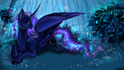 Size: 1600x900 | Tagged: safe, artist:heather-west, princess luna, alicorn, pony, fluffy, forest, galaxy mane, night, prone, solo, spread wings, unshorn fetlocks