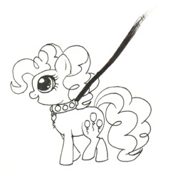 Size: 882x907 | Tagged: safe, artist:unoriginai, derpibooru import, pinkie pie, earth pony, pony, behaving like a dog, black and white, collar, cute, grayscale, leash, monochrome, pony pet, puppy pie, traditional art, walking, weapons-grade cute