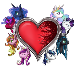 Size: 1000x909 | Tagged: safe, artist:moenkin, princess cadance, princess celestia, princess luna, queen chrysalis, rarity, shining armor, oc, alicorn, changeling, changeling queen, pony, unicorn, bust, heart, simple background, transparent background