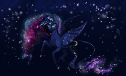 Size: 1500x900 | Tagged: dead source, safe, artist:heather-west, princess luna, alicorn, classical unicorn, pony, curved horn, galaxy mane, leonine tail, solo, space, unshorn fetlocks