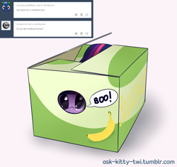 Size: 1723x1620 | Tagged: safe, artist:galekz, twilight sparkle, pony, ask, ask-kitty-twi, banana, behaving like a cat, box, cute, pony in a box, tumblr, twiabetes, twilight cat, weapons-grade cute