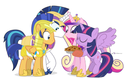 Size: 1040x660 | Tagged: safe, artist:dm29, flash sentry, princess cadance, shining armor, twilight sparkle, twilight sparkle (alicorn), alicorn, pony, unicorn, armor, female, mare, oven mitts, pie, pie seduce, royal guard, simple background, transparent background, vector