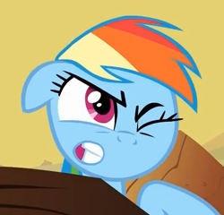 Size: 485x466 | Tagged: safe, screencap, rainbow dash, pegasus, pony, over a barrel, cropped, faic, female, gritted teeth, mare, one eye closed, solo, wince