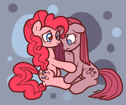 Size: 690x576 | Tagged: safe, artist:fyrebeam, pinkie pie, earth pony, pony, crying, duality, hug, pinkamena diane pie