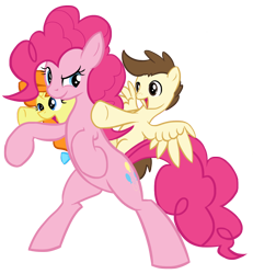 Size: 882x955 | Tagged: safe, artist:muggyheatwave, pinkie pie, pound cake, pumpkin cake, earth pony, pegasus, pony, unicorn, colt, female, filly, male, mare, older, older pound cake, older pumpkin cake, ponies riding ponies, rearing, simple background, transparent background