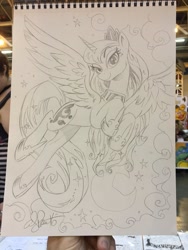 Size: 600x800 | Tagged: safe, artist:andypriceart, princess luna, alicorn, pony, flying, monochrome, moon, smiling, solo, stars, traditional art