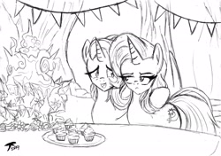 Size: 2308x1626 | Tagged: safe, artist:brekrofmadness, derpibooru import, starlight glimmer, trixie, pony, unicorn, student counsel, cake, cupcake, food, scene interpretation, sketch