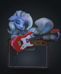 Size: 1104x1335 | Tagged: safe, artist:v747, derpibooru import, trixie, pony, unicorn, alternate hairstyle, clothes, ear piercing, earring, eyes closed, female, floppy ears, guitar, jewelry, magic, mare, piercing, socks, striped socks, telekinesis