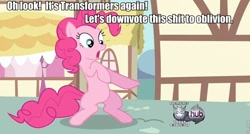 Size: 960x514 | Tagged: safe, pinkie pie, earth pony, pony, fourth wall, hub logo, hubble, meta, roflbot, transformers