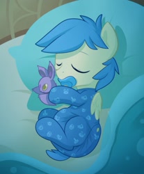 Size: 1280x1549 | Tagged: safe, artist:cuddlehooves, oc, oc only, oc:cobalt arrow, pony, alternate color palette, baby, baby pony, butt flap, crossover, cute, diaper, eevee, foal, footed sleeper, pacifier, pokémon, poofy diaper, solo, weapons-grade cute