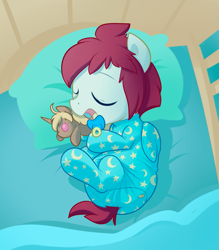 Size: 1671x1904 | Tagged: safe, artist:cuddlehooves, oc, oc only, oc:leon windsong, pony, baby, baby pony, butt flap, cute, diaper, eyes closed, foal, footed sleeper, pacifier, plushie, poofy diaper, sleeping, solo, weapons-grade cute