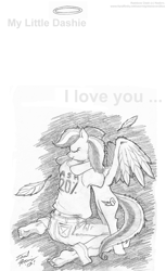 Size: 735x1200 | Tagged: safe, artist:nightweaver20xx, rainbow dash, human, pegasus, pony, fanfic:my little dashie, backwards cutie mark, barefoot, eyes closed, feet, female, grayscale, hug, human male, leaves, male, mare, monochrome, pencil drawing, traditional art, wing fluff