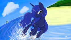 Size: 1366x768 | Tagged: safe, artist:springveil, princess luna, alicorn, pony, beach, solo, splashing, water