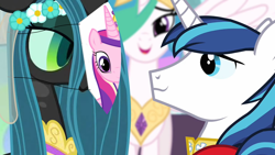 Size: 1280x720 | Tagged: safe, artist:dtkraus, edit, edited edit, edited screencap, screencap, princess cadance, princess celestia, queen chrysalis, shining armor, alicorn, changeling, changeling queen, pony, unicorn, a canterlot wedding, alternate ending, bad end, bedroom eyes, disguise, disguised changeling, eye contact, fake cadance, female, impossibly wide description, male, mask, now you fucked up, paper-thin disguise, role reversal, seems legit, shining armor is a goddamn moron, shining chrysalis, shipping, smiling, spy, straight, stupidity, team fortress 2, wallpaper, wedding