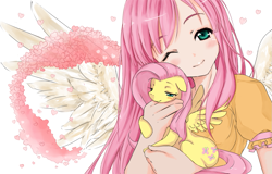 Size: 1247x800 | Tagged: safe, artist:d-tomoyo, derpibooru import, fluttershy, human, pony, anime, cute, human ponidox, humanized, shyabetes, weapons-grade cute, winged humanization