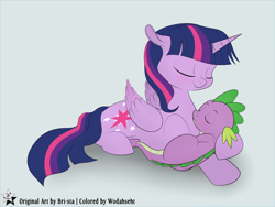 Size: 4500x3375 | Tagged: safe, artist:bri-sta, artist:wodahseht, color edit, spike, twilight sparkle, twilight sparkle (alicorn), alicorn, dragon, pony, baby, baby dragon, colored, cuddling, cute, cutie mark, eyes closed, female, folded wings, horn, male, mama twilight, mare, prone, signature, simple background, sleeping, smiling, spikabetes, spikelove, weapons-grade cute, white background, wings