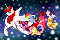 Size: 1280x853 | Tagged: safe, artist:shivall, derpibooru import, applejack, fluttershy, pinkie pie, rainbow dash, rarity, twilight sparkle, oc, oc:fausticorn, alicorn, earth pony, pegasus, pony, unicorn, alicorn oc, cute, female, filly, flying, happy, lauren faust, open mouth, smiling, weapons-grade cute