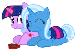 Size: 600x394 | Tagged: safe, artist:the smiling pony, derpibooru import, edit, trixie, twilight sparkle, twilight sparkle (alicorn), alicorn, pony, unicorn, female, lesbian, mare, prone, shipping, simple background, smiling, transparent background, twixie