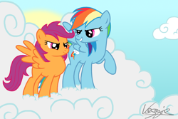 Size: 1500x1000 | Tagged: safe, artist:veggie55, rainbow dash, scootaloo, pegasus, pony, female, mare, scootalove, wings