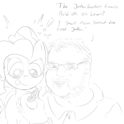 Size: 1000x1000 | Tagged: safe, artist:bloss, pinkie pie, earth pony, pony, jaffa cake, monochrome, simon lane, yogscast