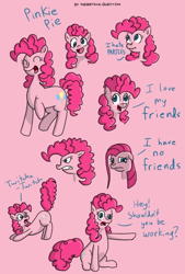 Size: 672x997 | Tagged: safe, artist:theoreticalquestion, pinkie pie, earth pony, pony, angry, derp, dialogue, female, liar face, liarpony, mare, pinkamena diane pie, pinkie sense, sad, scrunchy face, simple background, solo, twitchy tail