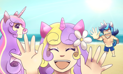 Size: 1000x608 | Tagged: safe, artist:chibiforte101, princess cadance, princess skyla, shining armor, human, beach, eared humanization, flower, horned humanization, humanized