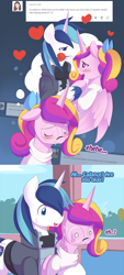 Size: 850x1876 | Tagged: safe, artist:ende26, princess cadance, shining armor, alicorn, pony, unicorn, ask high school cadance, clothes, dream, fantasy, glasses, mouth hold, rose, sleeping, sweat, sweater, younger