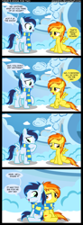 Size: 959x2608 | Tagged: dead source, safe, artist:veggie55, soarin', spitfire, pegasus, pony, clothes, comic, cute, cutefire, daaaaaaaaaaaw, feels, female, heartwarming, hnnng, male, scarf, shared clothing, shared scarf, shipping, soarinbetes, soarinfire, straight, weapons-grade cute, younger