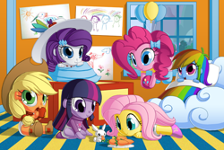 Size: 800x533 | Tagged: safe, artist:berrypawnch, angel bunny, applejack, fluttershy, pinkie pie, rainbow dash, rarity, twilight sparkle, equestria girls, apple, babity, baby, baby dash, baby pie, babyjack, babylight sparkle, babyshy, ball, bed, berrypawnch is trying to murder us, carrot, cute, dashabetes, diaper, diapinkes, eating, floating, foal, hat, jackabetes, looking at you, mane six, nom, raribetes, shyabetes, sitting, smiling, twiabetes, weapons-grade cute, younger