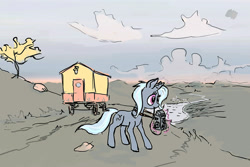 Size: 1152x768 | Tagged: safe, artist:agm, derpibooru import, trixie, pony, unicorn, camera, female, mare, mouth hold, solo, trixie's wagon, wip