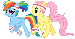 Size: 5000x2609 | Tagged: safe, artist:jennieoo, fluttershy, rainbow dash, pegasus, pony, alternate hairstyle, female, headband, jogging, leg warmers, mare, ponytail, running, simple background, sweatband, transparent background, vector, workout, workout outfit