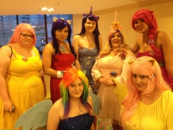 Size: 1280x960 | Tagged: safe, fluttershy, pinkie pie, princess cadance, rainbow dash, rarity, human, clothes, convention, cosplay, dress, irl, irl human, mtac, photo