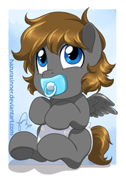 Size: 655x926 | Tagged: safe, artist:hazurasinner, oc, oc only, oc:zeus, pegasus, pony, baby, baby pony, cute, diaper, foal, pacifier, solo, underhoof, weapons-grade cute